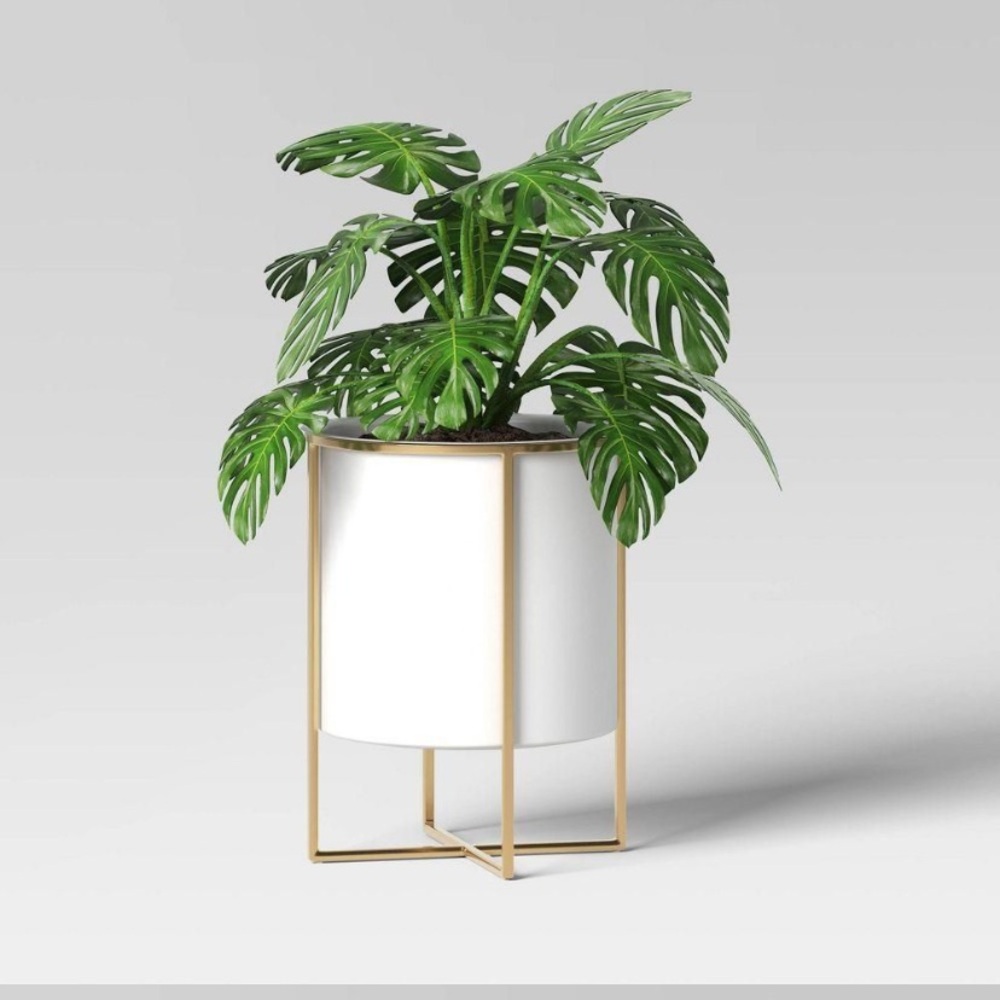 NIB Modern White and Gold Threshold Round Iron Planter Pot